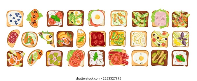 Sandwich Collection. Open Sandwich set. Vector illustration. Delicious breakfast, lunch, dinner or snack. Healthy food Toasts. Slices of bread with egg, fish, vegetables, sausages, sweets.