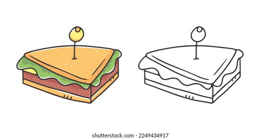 Libro de sandwich coloreado con un ejemplo de colorear para niños. Coloriendo página con comida. Versión monocroma y en color. Ilustración de niños vectores.