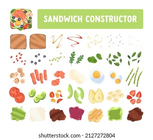 Sandwich constructor with bread slices and fresh ingredients set. Toasts, vegetables, greens, sauces, egg, avocado and fruits. Food pieces bundle. Flat vector illustration isolated on white background