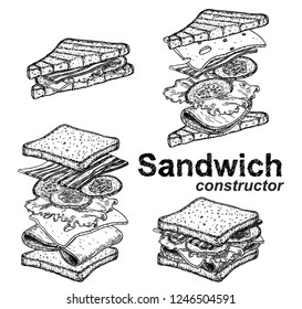 Sandwich constructor. Fast and street food drawing. Ham, cheese, tomato, onion and lettuce. Sketch of sandwich. Hand drawn illustration converted to vector