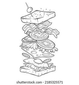 Sandwich-Konstruktor. Fliegende Zutaten mit großen Chiabatta-Knospen. Handgezeichnete Vektorgrafik im Skizzenstil. Schnelles und Straßenkartzeichenzeichnen. Ham, Käse, Tomate, Zwiebeln und Salat.