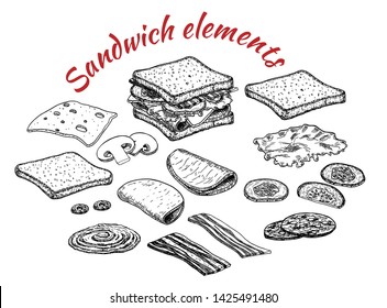 Sandwich constructor. Ingredient. Hand drawn sketch style vector illustration. Fast and street food drawing. Ham, cheese, tomato, bacon, cucumber, cheese, mushrooms, onion and lettuce.