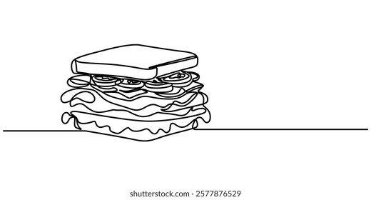 sandwich continuous one line drawing,  
Continuous Line Drawing of Fast Food Icon. Hand Drawn Symbol Vector Illustration, One single line drawing of fresh sandwich logo vector graphic art illustration