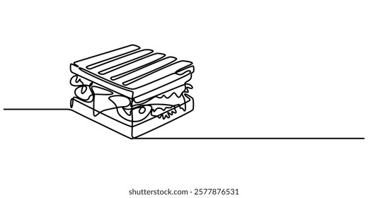 sandwich continuous one line drawing,  
Continuous Line Drawing of Fast Food Icon. Hand Drawn Symbol Vector Illustration, One single line drawing of fresh sandwich logo vector graphic art illustration