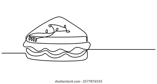 sandwich continuous one line drawing,  
Continuous Line Drawing of Fast Food Icon. Hand Drawn Symbol Vector Illustration, One single line drawing of fresh sandwich logo vector graphic art illustration