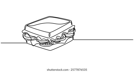 sandwich continuous one line drawing,  
Continuous Line Drawing of Fast Food Icon. Hand Drawn Symbol Vector Illustration, One single line drawing of fresh sandwich logo vector graphic art illustration