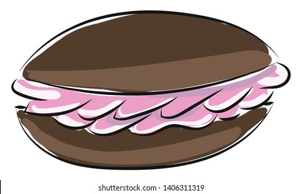 It is a sandwich cookie or sandwich biscuit, type of biscuit consisting of two cooking between which is a filling of cream, buttercream, chocolate etc, vector, color drawing or illustration. 