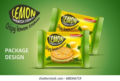 Sandwich Cookie Package Design, Foil Bag Food Package In Lemon Flavour Isolated On Green Background In 3d Illustration