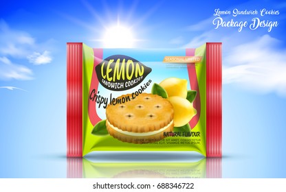 Sandwich cookie package design, foil bag food package in lemon flavour isolated on blue sky in 3d illustration