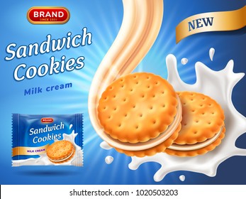 Sandwich cookies ads. Delicious vanilla cream flow. Cracker drop in milk splash. Package design template. Blue background with glowing effect. Food and sweets, baking theme. Vector 3d illustration.