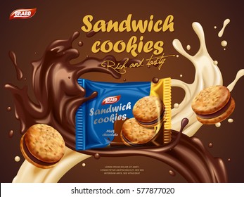 Sandwich cookies ads, milk chocolate flavor with tasty liquid twisted in the air and package in the middle in 3d illustration