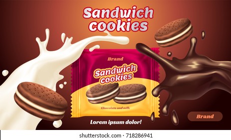 Sandwich cookies ads, milk chocolate flavor with tasty liquid twisted in the air and package in 3d illustration