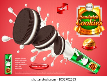 Sandwich Cookies Ads. Photo Realistic Vector Background. 3d Illustration And Packaging