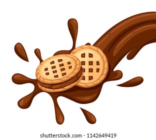 Sandwich cookies. Chocolate cookies with choco cream flow. Cracker drop in chocolate splash. Food and sweets, baking and cooking theme. Vector illustration isolated on white background.