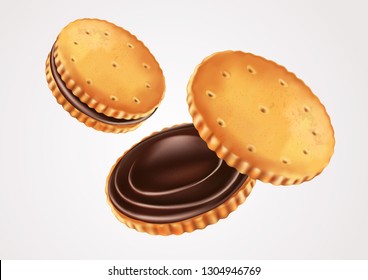 Sandwich cookies chocolate isolated on solid color background, Realistic vector 3D illustration. Of free space for your texts and branding.