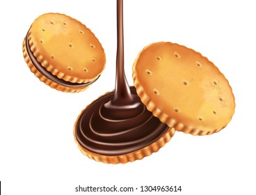 Sandwich cookies chocolate isolated on white background, Realistic vector 3D illustration. Of free space for your texts and branding.