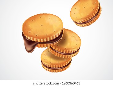 Sandwich cookies chocolated with melted cream ads, on isolated background, Realistic vector 3D illustration. Of free space for your texts and branding.