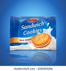 Sandwich cookies or cracker package design. Easy used template isolated on blue background. Food and sweets, baking and cooking theme. Vector realistic 3d illustration.