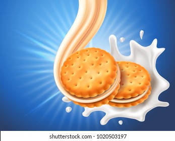 Sandwich cookies with delicious vanilla cream flow. Cracker drop in milk splash. Blue background with glowing effect and beams. Food and sweets, baking and cooking theme. Vector 3d illustration.