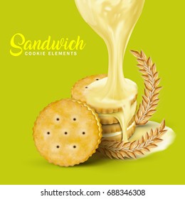 Sandwich cookies elements, sauce dripping from top with ingredient wheat isolated on green background in 3d illustration