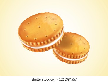 Sandwich cookies milk ads, on isolated background, Realistic vector 3D illustration. Of free space for your texts and branding.