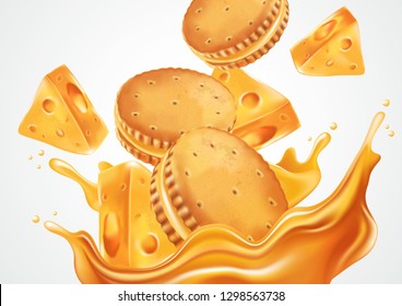 Sandwich cookies milk and cheese cream isolated on color background, Realistic vector 3D illustration. Of free space for your texts and branding.