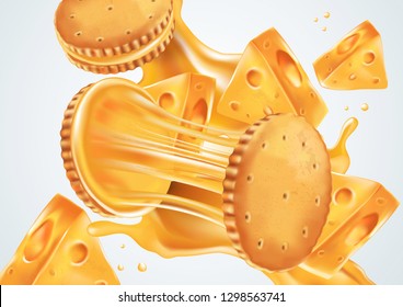 Sandwich cookies milk and cheese cream isolated on color background, Realistic vector 3D illustration. Of free space for your texts and branding.