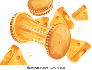 Sandwich cookies milk and cheese cream isolated on white background, Realistic vector 3D illustration. For your texts and branding.