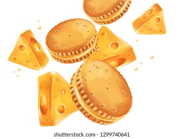 Sandwich cookies milk and cheese cream isolated on white background, Realistic vector 3D illustration. Of free space for your texts and branding.