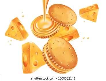 Sandwich cookies milk and cheese cream isolated on white background, Realistic vector 3D illustration. Of free space for your texts and branding.