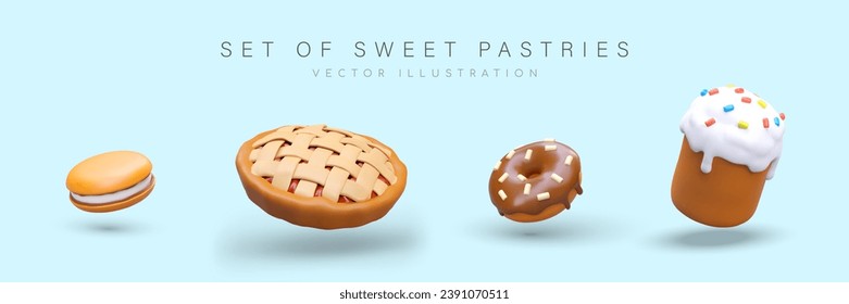 Galletas de sándwich rellenas de leche, tarta redonda con celosía, donut con vidrios de chocolate, pastel de Pascua con rociadas de colores. Bollería dulce al estilo de los dibujos animados. Imagen vectorial aislada realista