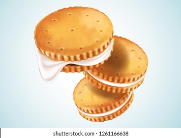 Sandwich cookies milk with melted cream ads on isolated background, Realistic vector 3D illustration. Of free space for your texts and branding.