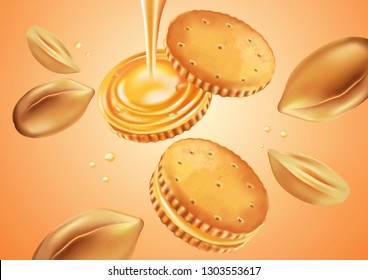 Sandwich cookies and peanut seeds isolated on white background, Realistic vector 3D illustration. Of free space for your texts and branding. 