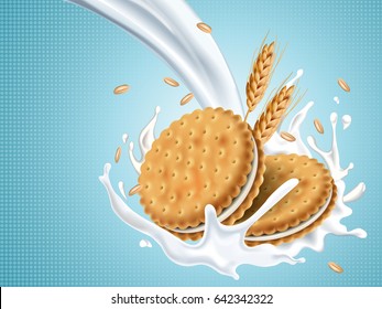 sandwich cookies with pouring white fluid, isolated light blue background, 3d illustration
