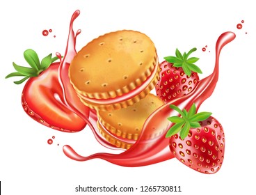 Sandwich cookies strawberry with melted cream and packaging ads on isolated background, Realistic vector 3D illustration. Of free space for your texts and branding.