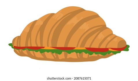 Sandwich croissant. Hand drawn vector illustration in flat style. Single fast food doodle. Cartoon clipart isolated on white background.