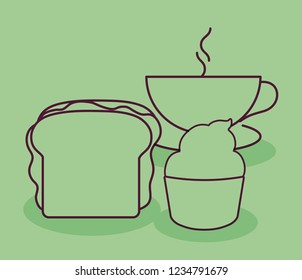 sandwich with cupcake and cup coffee