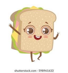 Sandwich Cute Anime Humanized Cartoon Food Character Emoji Vector Illustration