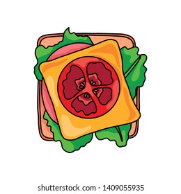 Sandwich with cutted milk sausage and circle cutted tomato