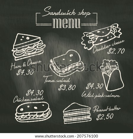 Sandwich doodle menu drawing on chalk board background