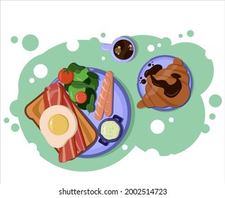 sandwich with egg and bacon, green salad and juicy sausages with a croissant poured with chocolate and a mug of coffee