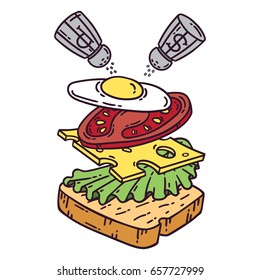 Sandwich with egg. Isolated objects on white background. Vector illustration.