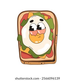 Sandwich with egg pop art. Vector funny face on bread and bacon. Breakfast mascot with fried yolk. Comic character product for cafe or restaurant menu. Cooking and kitchen, lunch and dinner meal.