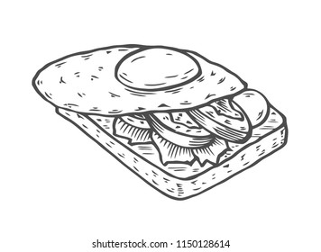 sandwich with eggs on bread toast. Vector ink hand drawn illustration. Menu template.