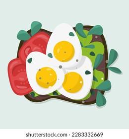 Sandwich with eggs and tomatoes on a light blue background.