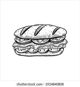 Sandwich engraving hand drawn sketch. Black color vintage style. Vector illustration isolated on white background.