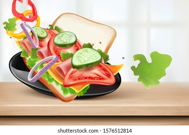 Sandwich explosion with ingredients of herbs on plate in window light background. Realistic vector in 3d illustration.