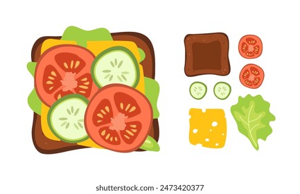 sandwich . Fast food grilled bread toast cucumber, tomato, cheese flat design isolated illustration on white background. Doodle style. Vegetarian food.
