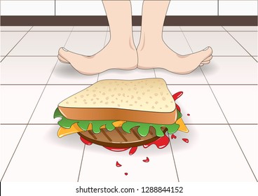 the sandwich fell to the floor top down, horizontal vector illustration