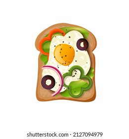 sandwich filled with scrambled egg, bacon, ham, ketchup, onion, lettuce, tomato and mayo